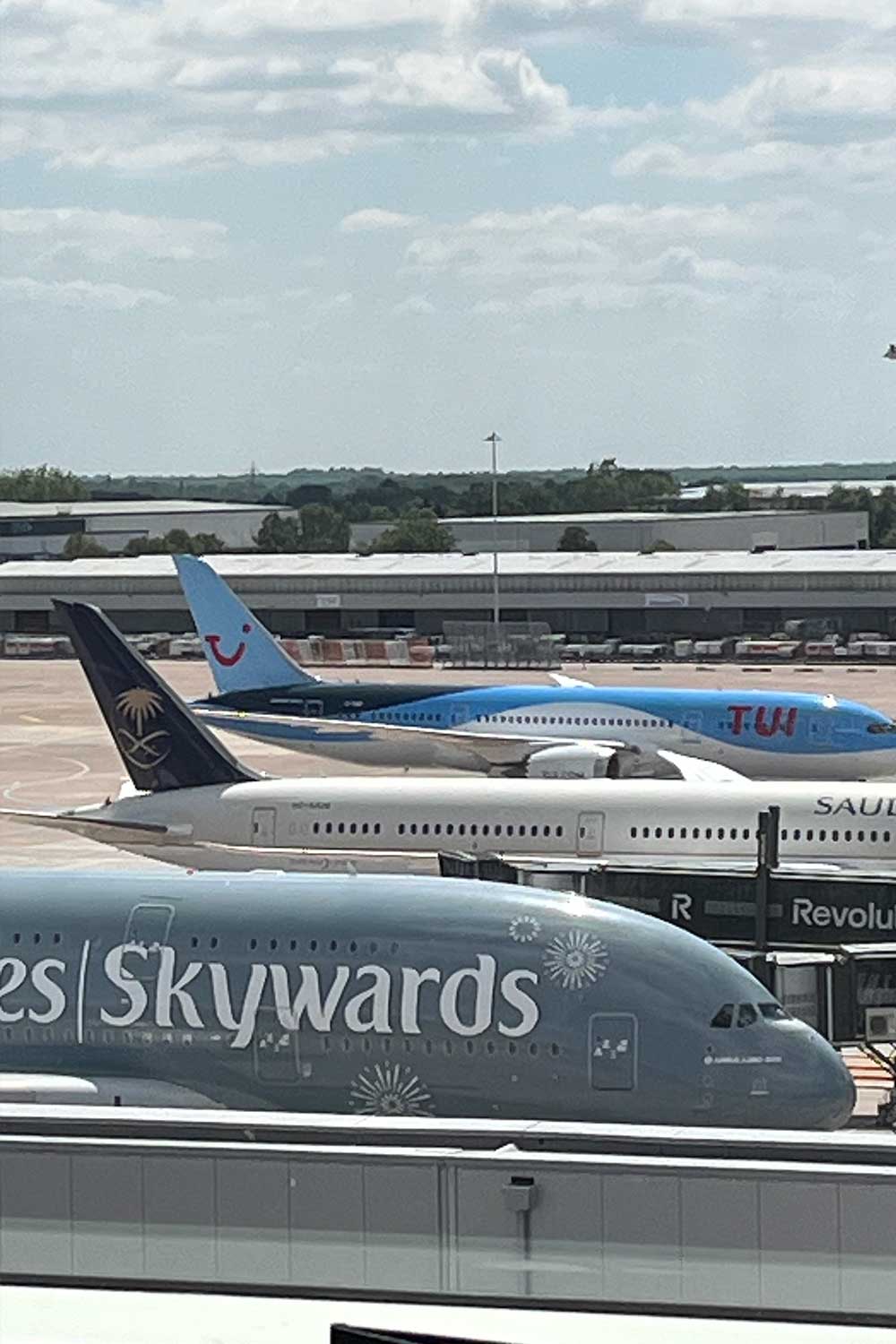 Close up of some of the large aircraft right outside of the window