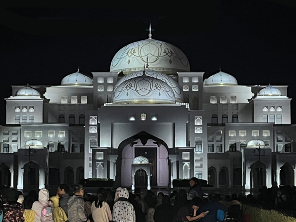 A still shot of the nightly show with the palace in white